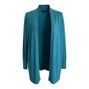 100% Extra Fine Merino Tahari Wool Knit Open Front Teal Cardigan Size Medium